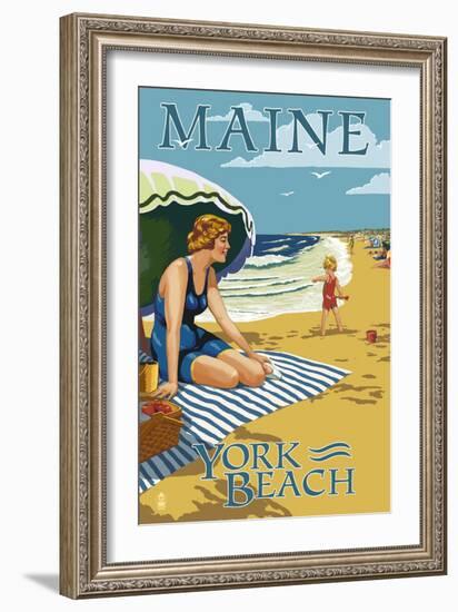 York Beach, Maine - Beach Scene-Lantern Press-Framed Art Print
