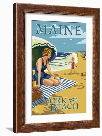 York Beach, Maine - Beach Scene-Lantern Press-Framed Art Print