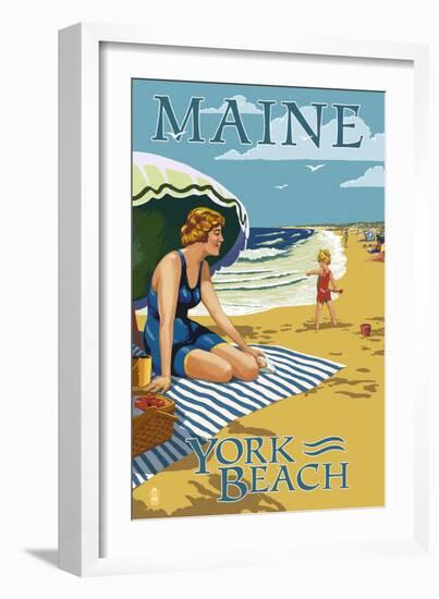 York Beach, Maine - Beach Scene-Lantern Press-Framed Art Print