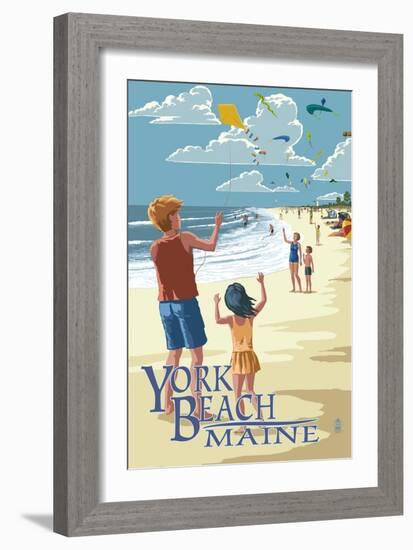 York Beach, Maine - Children with Kites-Lantern Press-Framed Art Print