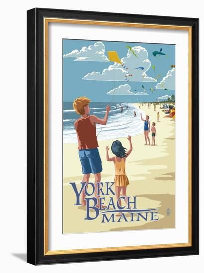 York Beach, Maine - Children with Kites-Lantern Press-Framed Art Print