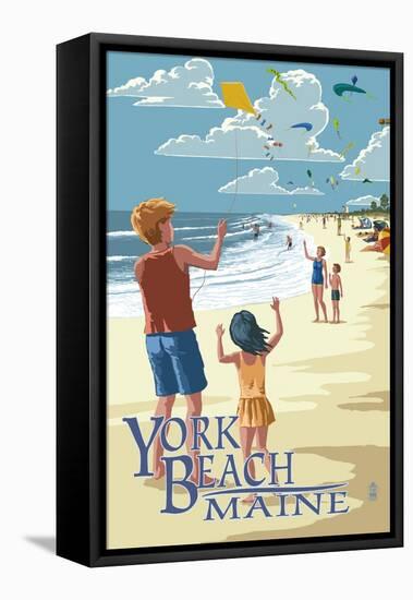 York Beach, Maine - Children with Kites-Lantern Press-Framed Stretched Canvas