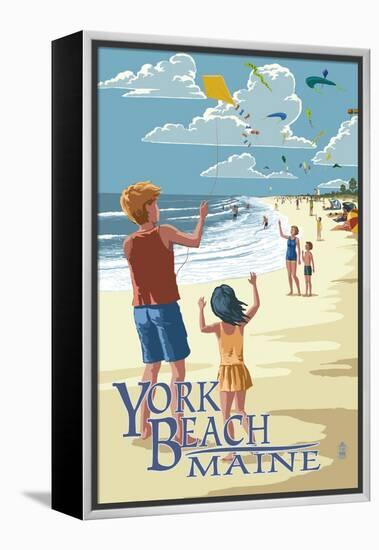 York Beach, Maine - Children with Kites-Lantern Press-Framed Stretched Canvas