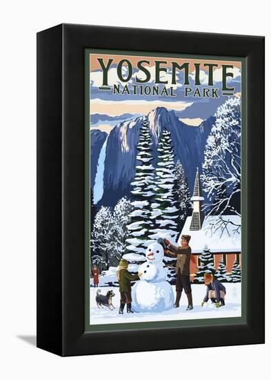 Yosemite Chapel and Snowman - Yosemite National Park, California-Lantern Press-Framed Stretched Canvas
