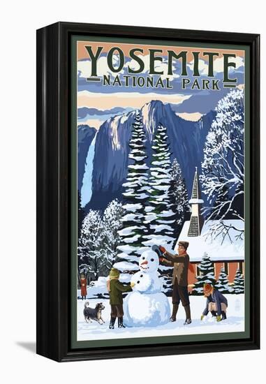 Yosemite Chapel and Snowman - Yosemite National Park, California-Lantern Press-Framed Stretched Canvas