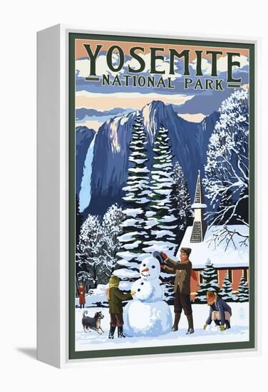 Yosemite Chapel and Snowman - Yosemite National Park, California-Lantern Press-Framed Stretched Canvas
