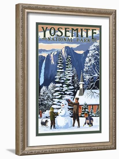 Yosemite Chapel and Snowman - Yosemite National Park, California-Lantern Press-Framed Art Print