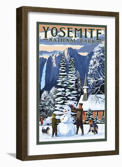 Yosemite Chapel and Snowman - Yosemite National Park, California-Lantern Press-Framed Art Print