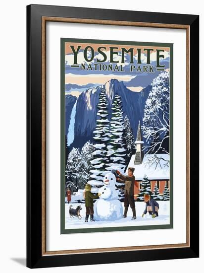 Yosemite Chapel and Snowman - Yosemite National Park, California-Lantern Press-Framed Art Print