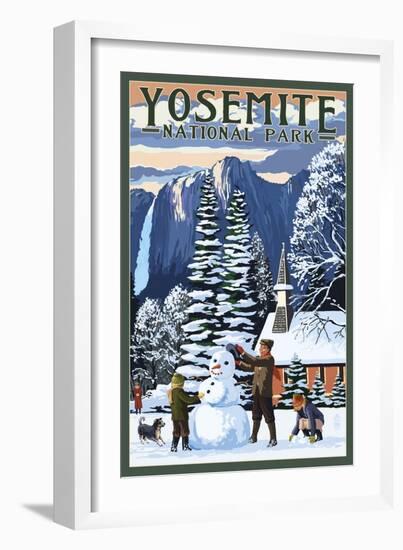 Yosemite Chapel and Snowman - Yosemite National Park, California-Lantern Press-Framed Art Print