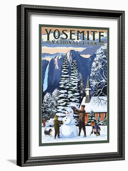 Yosemite Chapel and Snowman - Yosemite National Park, California-Lantern Press-Framed Art Print