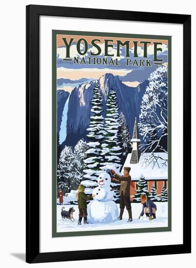 Yosemite Chapel and Snowman - Yosemite National Park, California-Lantern Press-Framed Art Print