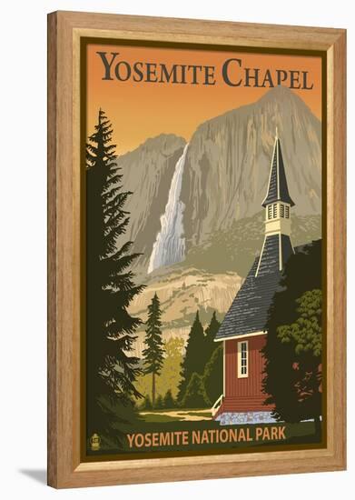 Yosemite Chapel and Yosemite Falls - California-Lantern Press-Framed Stretched Canvas