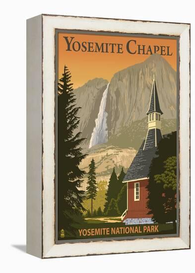 Yosemite Chapel and Yosemite Falls - California-Lantern Press-Framed Stretched Canvas