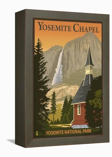 Yosemite Chapel and Yosemite Falls - California-Lantern Press-Framed Stretched Canvas