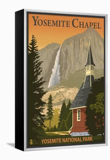 Yosemite Chapel and Yosemite Falls - California-Lantern Press-Framed Stretched Canvas