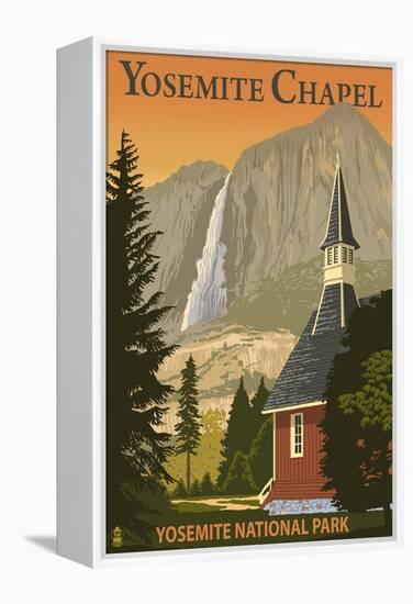 Yosemite Chapel and Yosemite Falls - California-Lantern Press-Framed Stretched Canvas