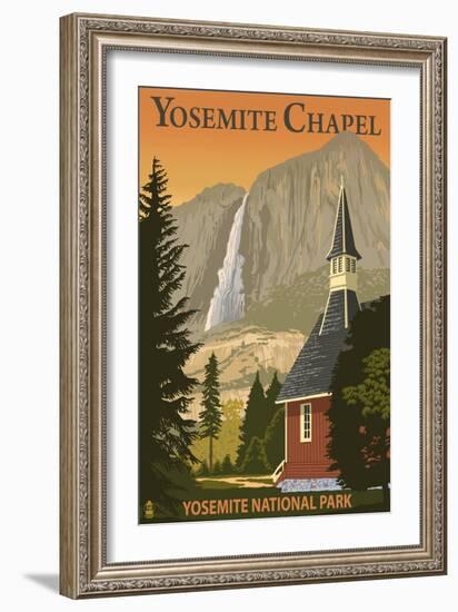 Yosemite Chapel and Yosemite Falls - California-Lantern Press-Framed Art Print