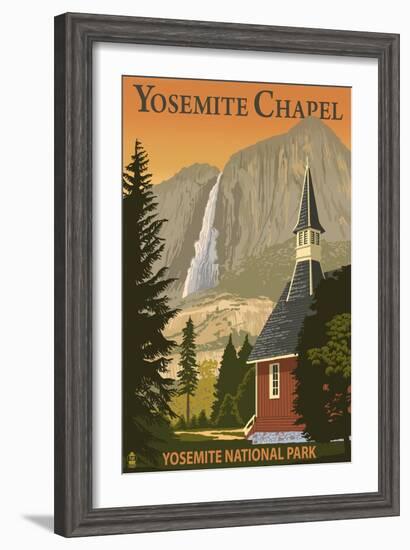 Yosemite Chapel and Yosemite Falls - California-Lantern Press-Framed Art Print