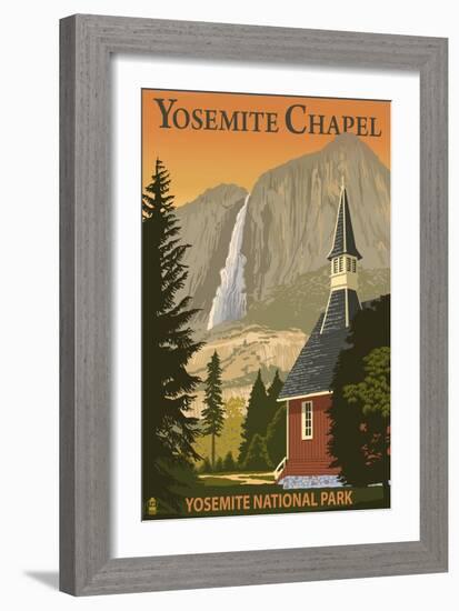 Yosemite Chapel and Yosemite Falls - California-Lantern Press-Framed Art Print