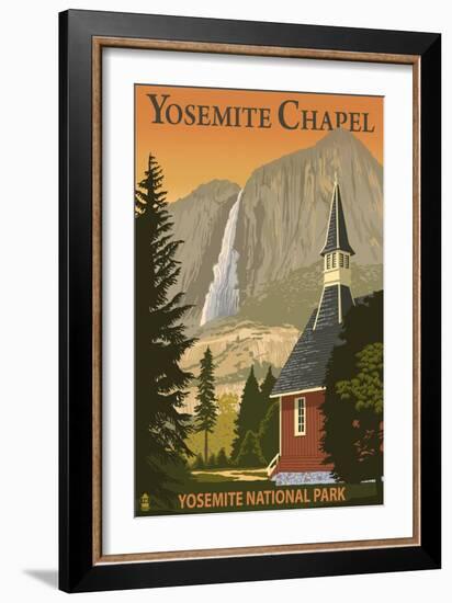 Yosemite Chapel and Yosemite Falls - California-Lantern Press-Framed Art Print