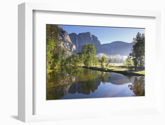 Yosemite Falls and the Merced River at dawn on a misty Spring morning, Yosemite Valley, California,-Adam Burton-Framed Photographic Print