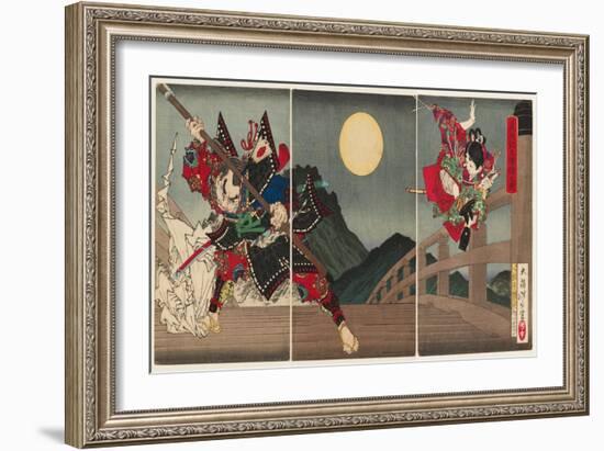 Yoshitsune and Benkei at Gojo Bridge, 1881 (Nishiki-E Woodblock Print, with Bokashi)-Tsukioka Yoshitoshi-Framed Giclee Print