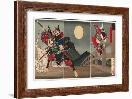 Yoshitsune and Benkei at Gojo Bridge, 1881 (Nishiki-E Woodblock Print, with Bokashi)-Tsukioka Yoshitoshi-Framed Giclee Print