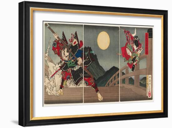 Yoshitsune and Benkei at Gojo Bridge, 1881 (Nishiki-E Woodblock Print, with Bokashi)-Tsukioka Yoshitoshi-Framed Giclee Print