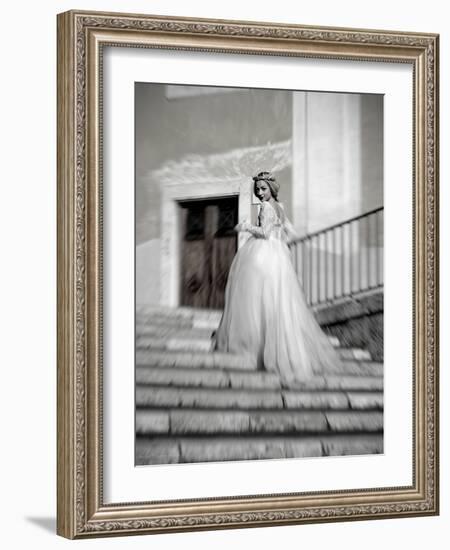 Young Adult Female in Long Wedding Dress Standing on Steps-Steven Boone-Framed Photographic Print