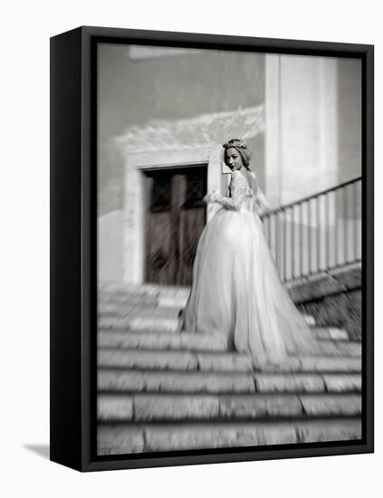 Young Adult Female in Long Wedding Dress Standing on Steps-Steven Boone-Framed Premier Image Canvas