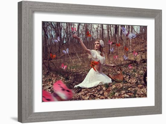 Young Adult Female with Butterflies in Woods-Ariel Marie Miller-Framed Photographic Print