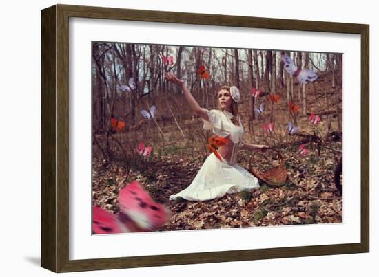 Young Adult Female with Butterflies in Woods-Ariel Marie Miller-Framed Photographic Print