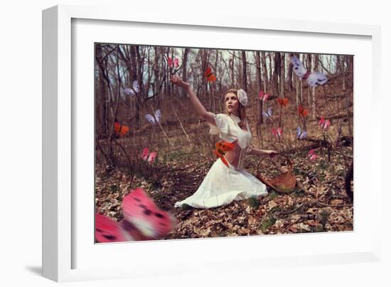 Young Adult Female with Butterflies in Woods-Ariel Marie Miller-Framed Photographic Print