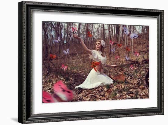 Young Adult Female with Butterflies in Woods-Ariel Marie Miller-Framed Photographic Print