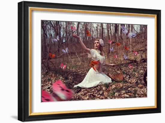 Young Adult Female with Butterflies in Woods-Ariel Marie Miller-Framed Photographic Print