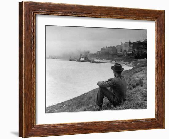 Young African American Boy Sitting on Memphis Riverbank Watching Boats on the Mississippi River-Ed Clark-Framed Photographic Print