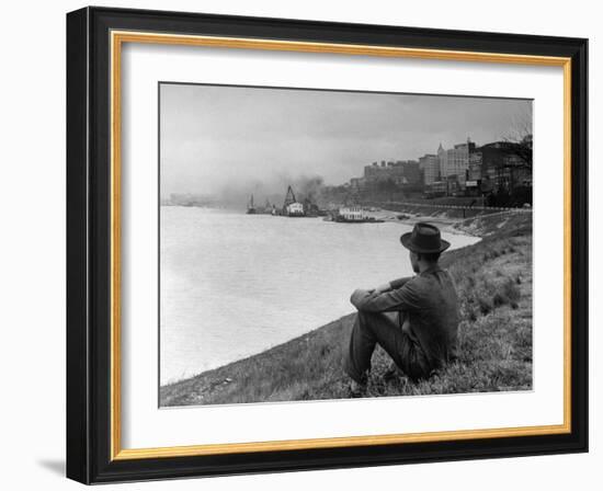 Young African American Boy Sitting on Memphis Riverbank Watching Boats on the Mississippi River-Ed Clark-Framed Photographic Print