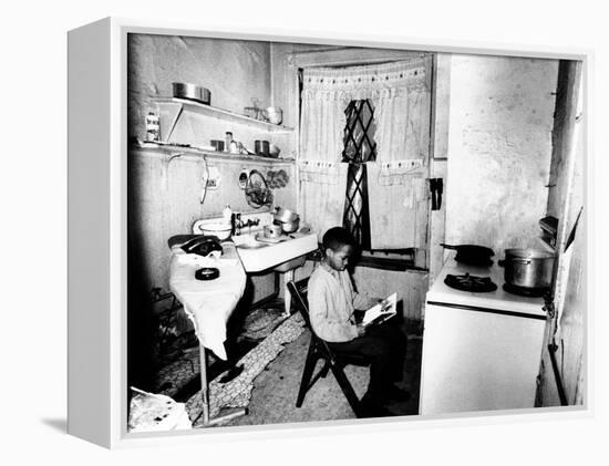 Young African American Studies by Kitchen Stove Because His Apartment Is Without Heat-null-Framed Stretched Canvas