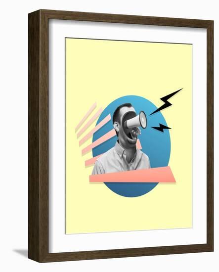 Young Angry Businessman's Face with Megaphone Sounds like a Siren. Contemporary Art Collage. Concep-master1305-Framed Photographic Print