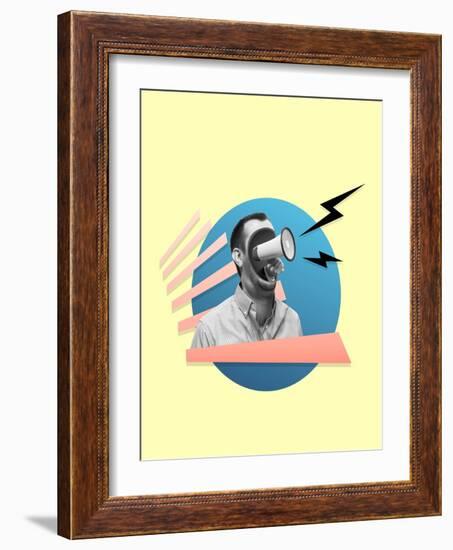 Young Angry Businessman's Face with Megaphone Sounds like a Siren. Contemporary Art Collage. Concep-master1305-Framed Photographic Print