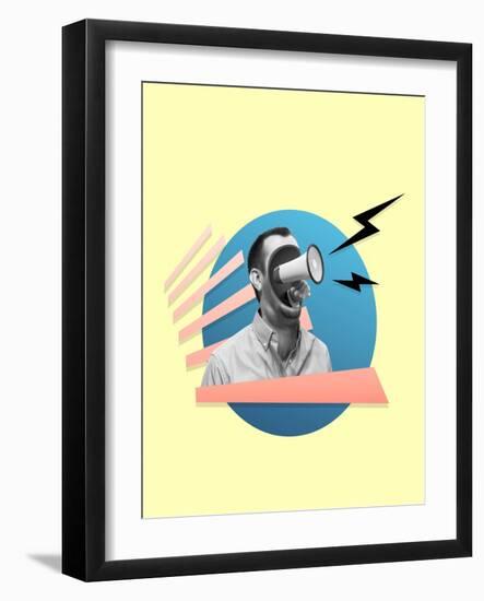 Young Angry Businessman's Face with Megaphone Sounds like a Siren. Contemporary Art Collage. Concep-master1305-Framed Photographic Print