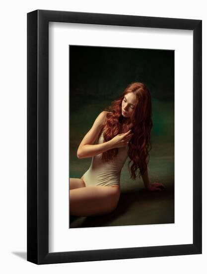 Young Attractive Redhead Girl with Long Curly Hair Wearing Nude Color Lingerie Isolated over Dark G-master1305-Framed Photographic Print