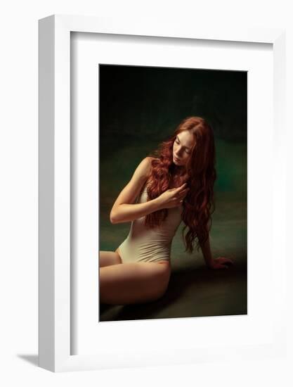 Young Attractive Redhead Girl with Long Curly Hair Wearing Nude Color Lingerie Isolated over Dark G-master1305-Framed Photographic Print