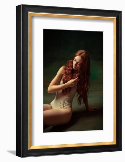 Young Attractive Redhead Girl with Long Curly Hair Wearing Nude Color Lingerie Isolated over Dark G-master1305-Framed Photographic Print