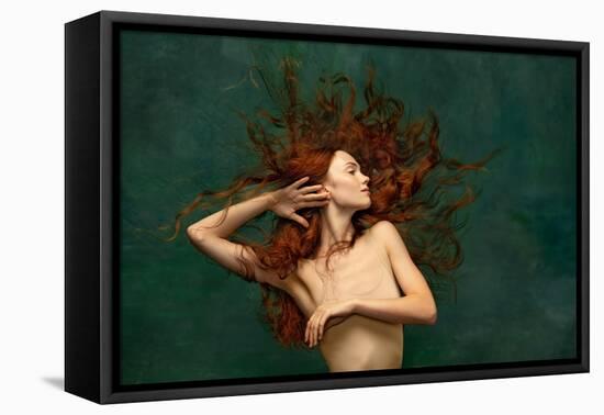 Young Attractive Redhead Girl with Long Curly Hair Wearing Nude Color Lingerie Isolated over Dark G-master1305-Framed Premier Image Canvas