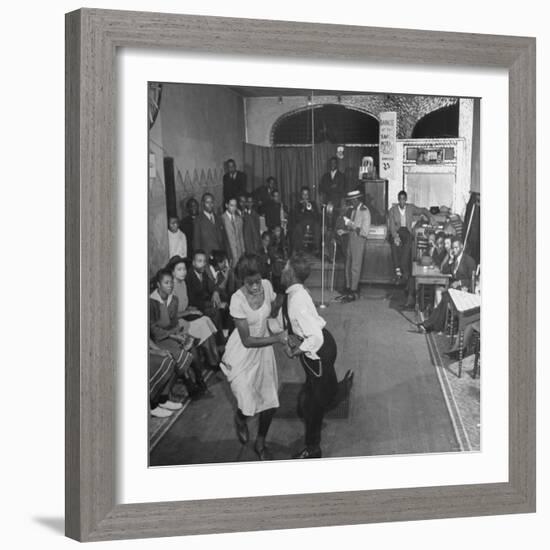 Young Black Couple Dancing Like Mad in the Center of Dance Floor at the Savoy Hotel-Eric Schaal-Framed Photographic Print
