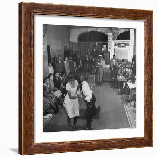 Young Black Couple Dancing Like Mad in the Center of Dance Floor at the Savoy Hotel-Eric Schaal-Framed Photographic Print