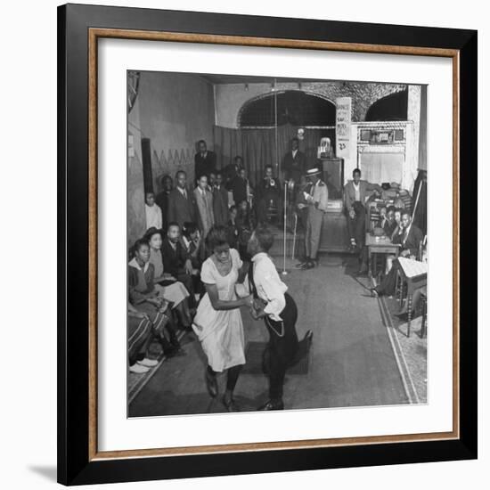 Young Black Couple Dancing Like Mad in the Center of Dance Floor at the Savoy Hotel-Eric Schaal-Framed Photographic Print