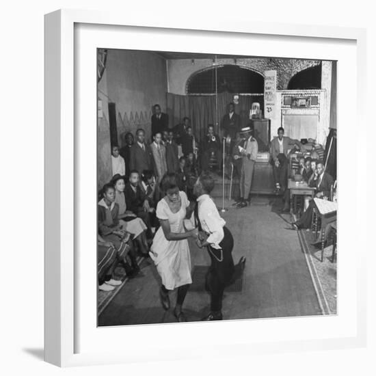 Young Black Couple Dancing Like Mad in the Center of Dance Floor at the Savoy Hotel-Eric Schaal-Framed Photographic Print